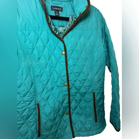 Lands' End Women's Teal Blue Brown Trim Quilted Snap Button Barn Jacket Size Med - Picture 4 of 5